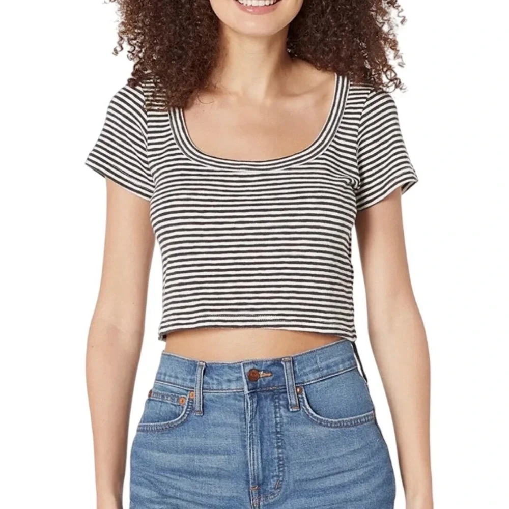 Madewell Womens Black White Striped Scoop Neck Short Sleeve Crop Top Size M